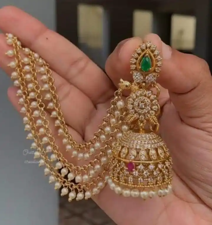 Matte Finish CZ  Bridal Long Jumiki with Ear RIng chain – Sugabogam