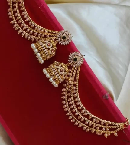 Matte Finish CZ  Bridal Jumiki with Ear RIng chain
